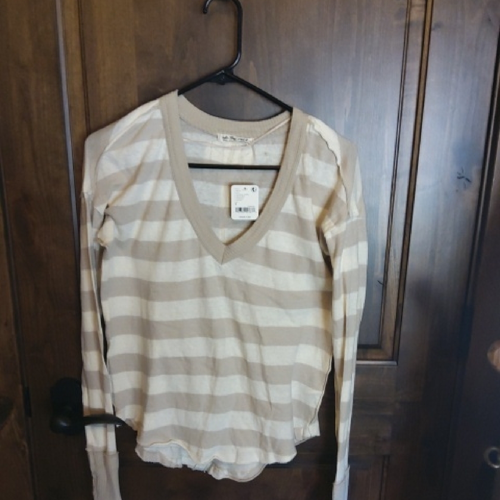 We The Free Striped V-Neck Sweater in Beige and Cream